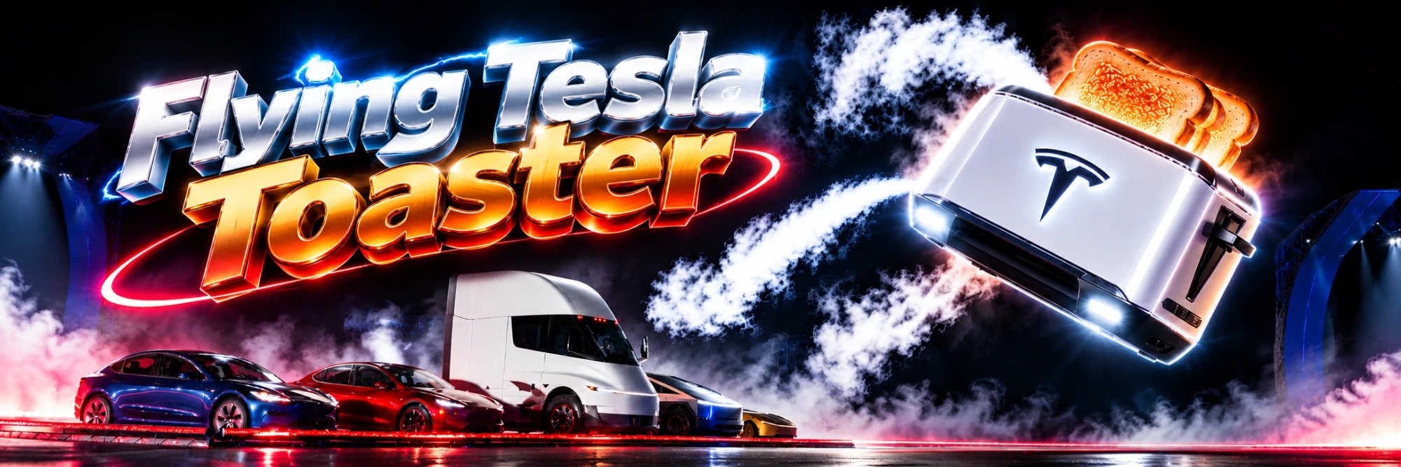 Flying Tesla Toaster banner with the Tesla lineup below