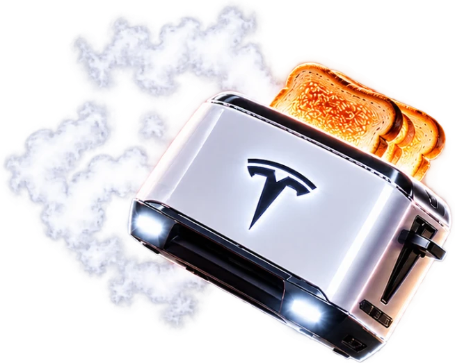Tesla toaster flying with a smoke trail